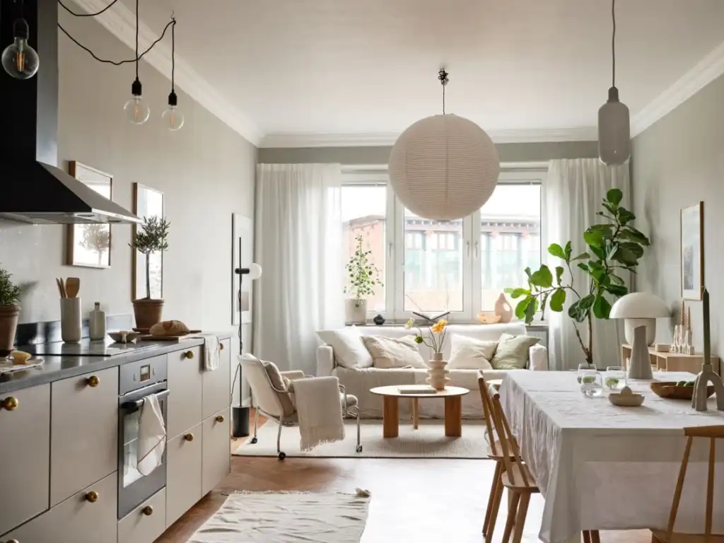 A small living with attached living room with table and windows with curtains