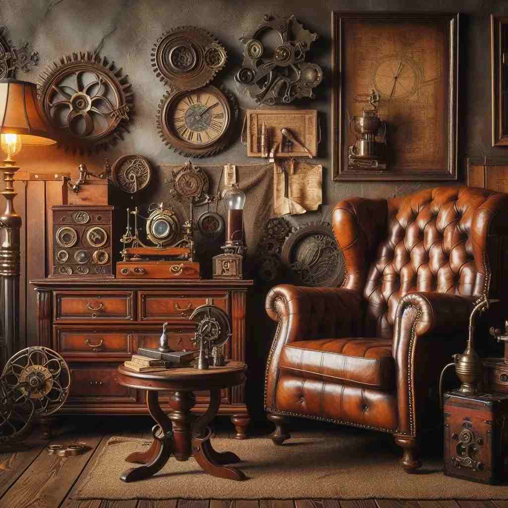 A steampunk house with wooden floor and leather upholstery chair