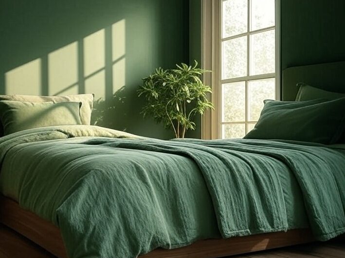 A sage green bedroom with dark wall and a window sin the bedroom