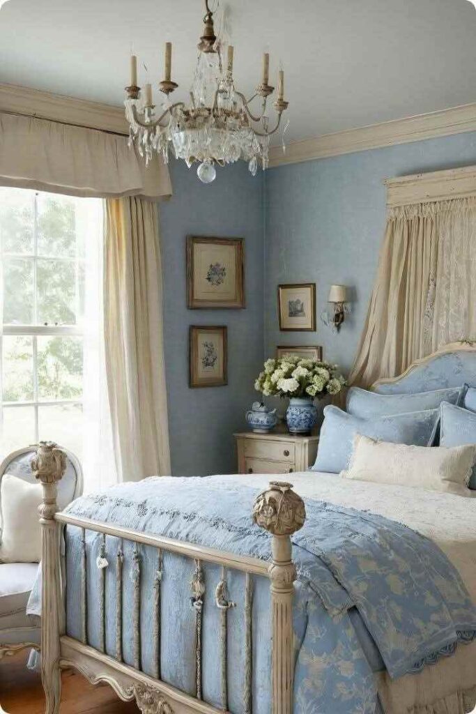 A blue bedroom with beige curtains and light on the wall and frames
