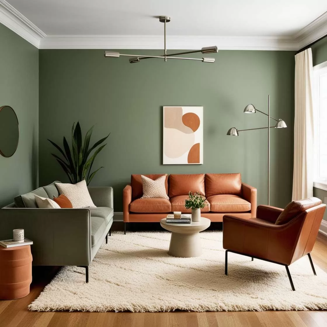 A sage green with lights fixtures and sofa and table and rug on wooden rug