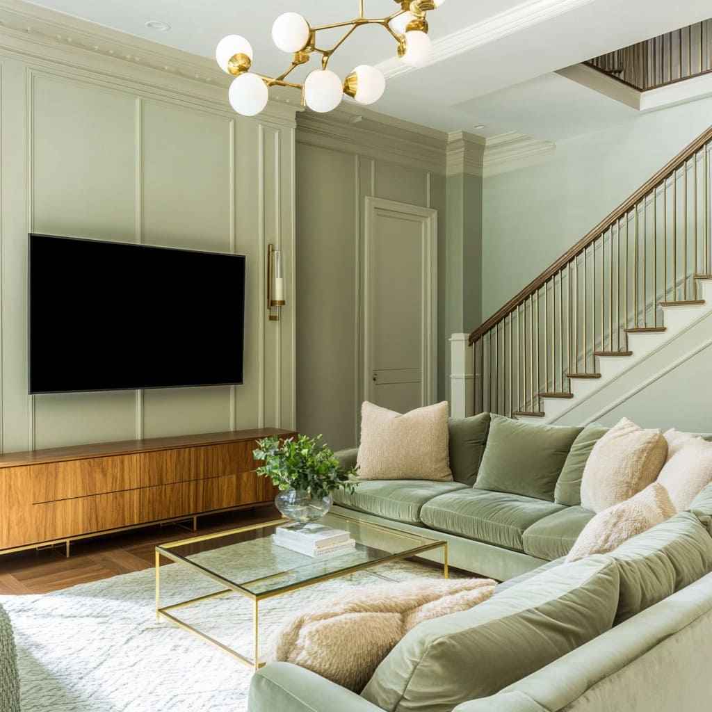 A sage green living room with sofa and brass fixture and glass table