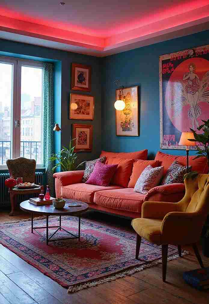 A living room with led lights strips and wooden floor and sofa with table