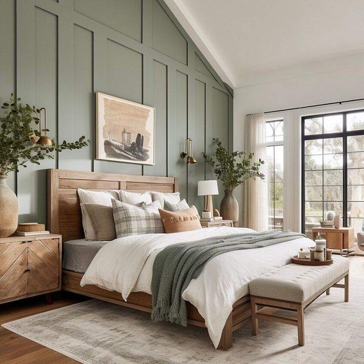 A linen bedding bed with sage and grey accents and windows