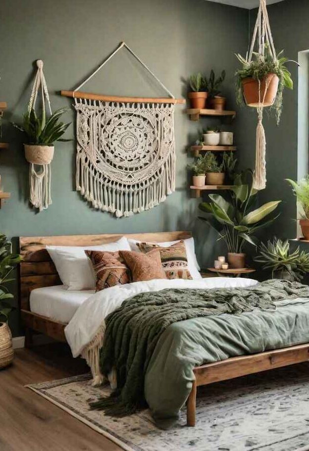 A sage green bedroom with macrame