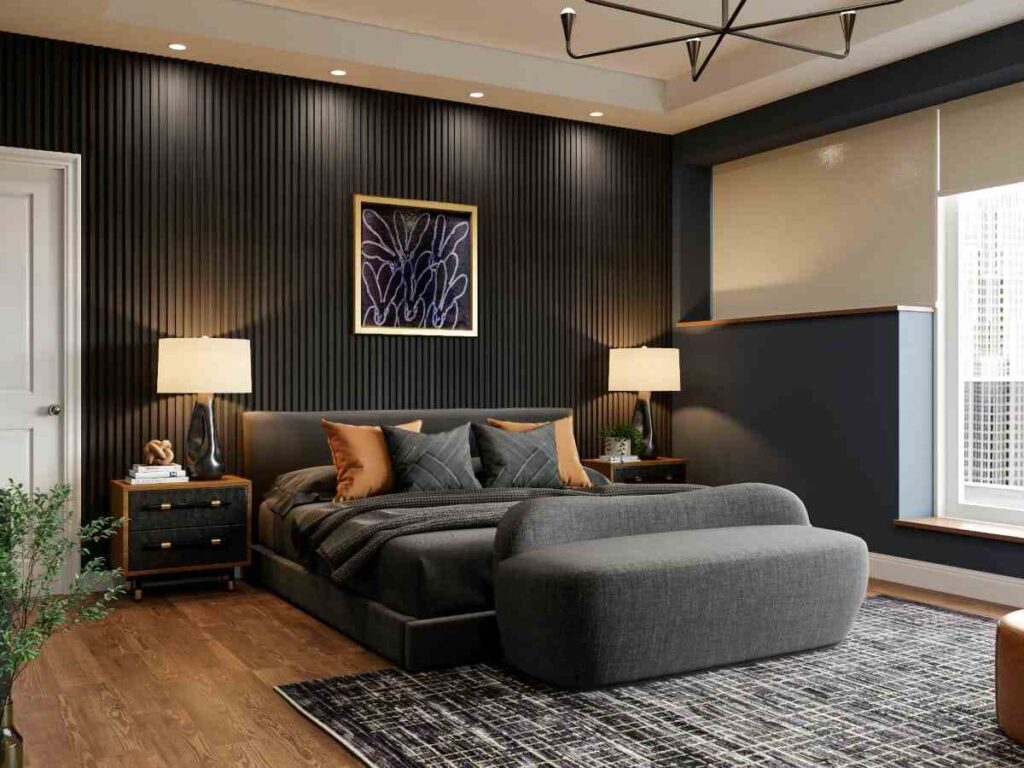 A black bedroom with white contrast and lights on the side table