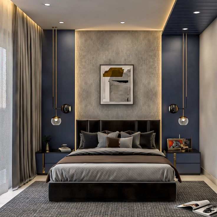 A bedroom with blue and grey and wooden floor with rug on it