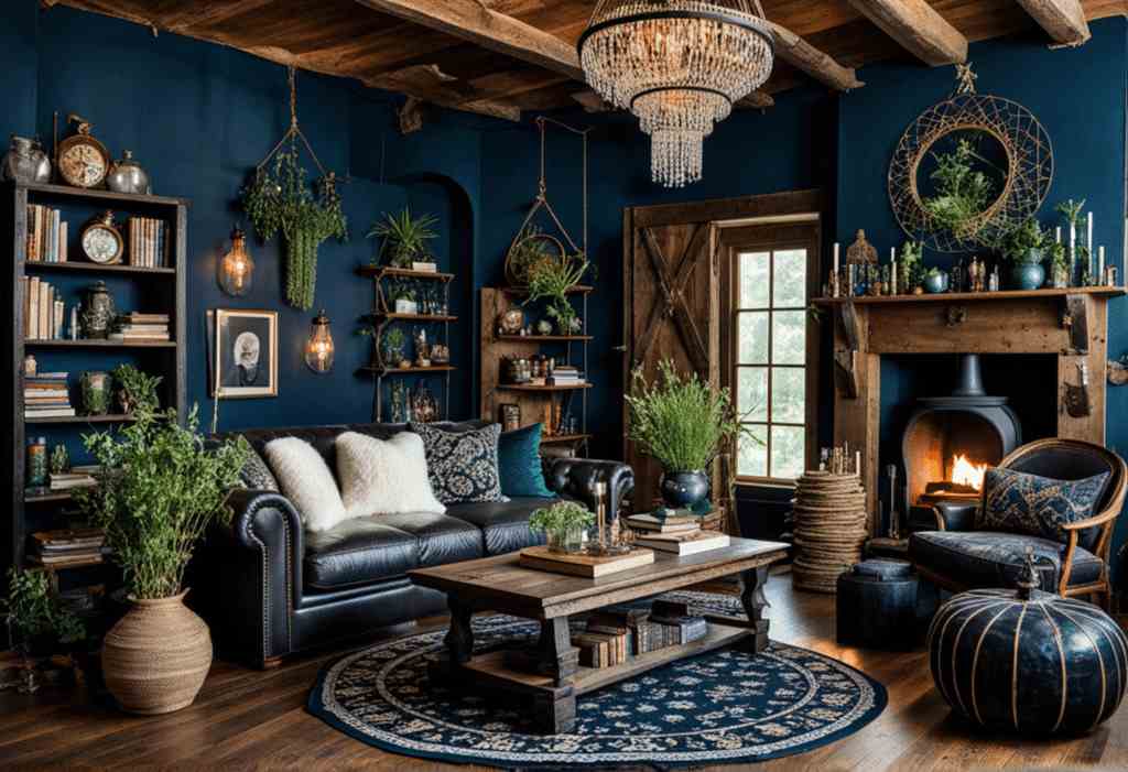A steampunk house with plants and wooden rug