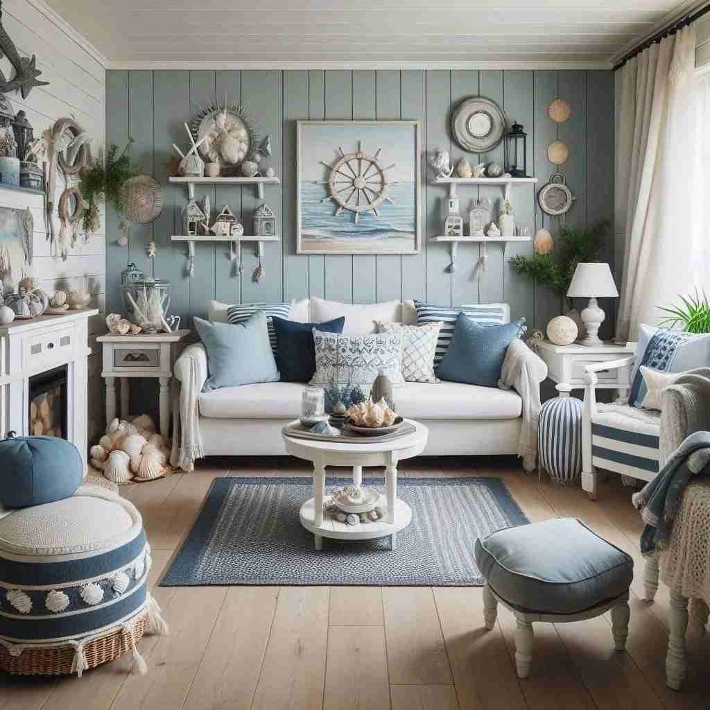 A nautical elements in room and rug on the floor