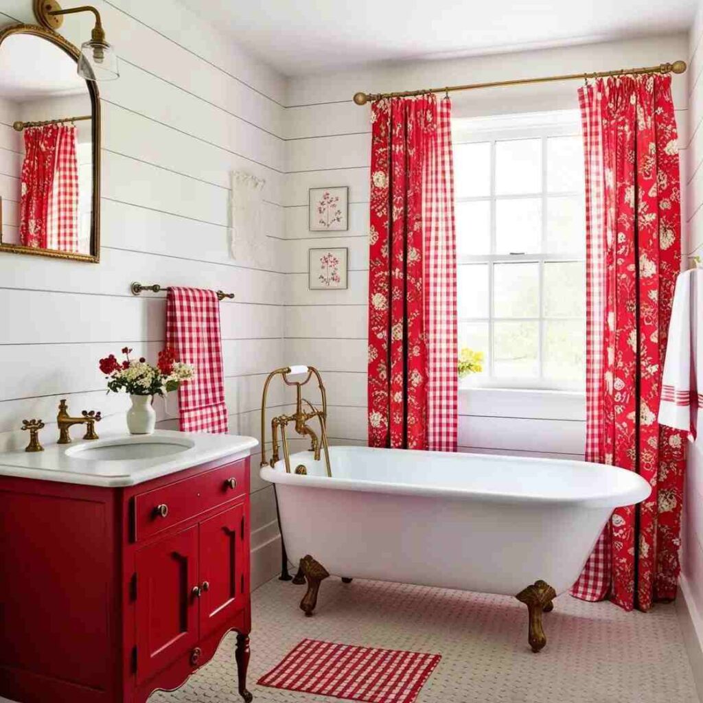 A bathroom with red curtains on windows with red cabinets and white bathtub 