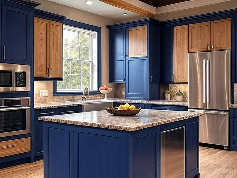 A navy blue cabinets and island with wooden countertop and floor