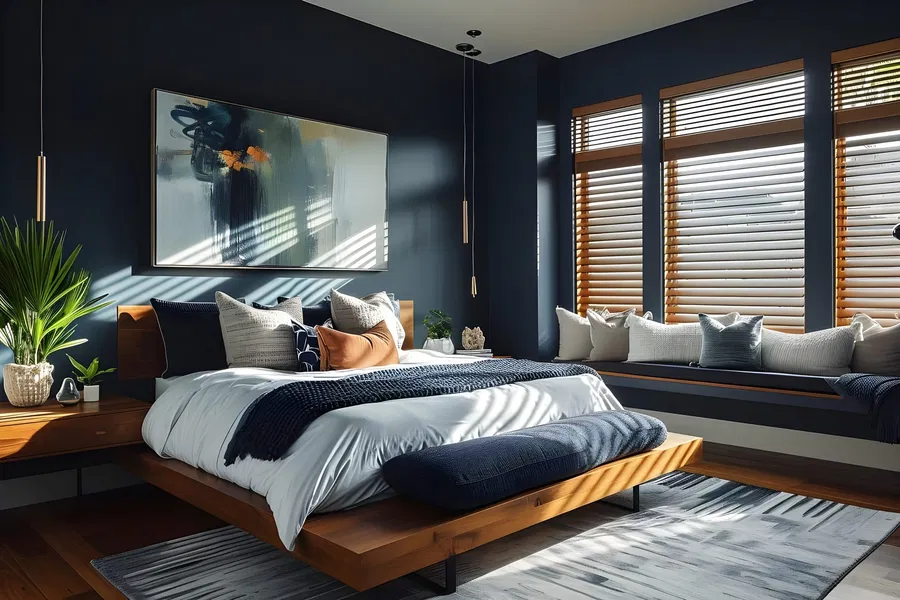 A navy blue bedroom with wooden bed and trim windows 