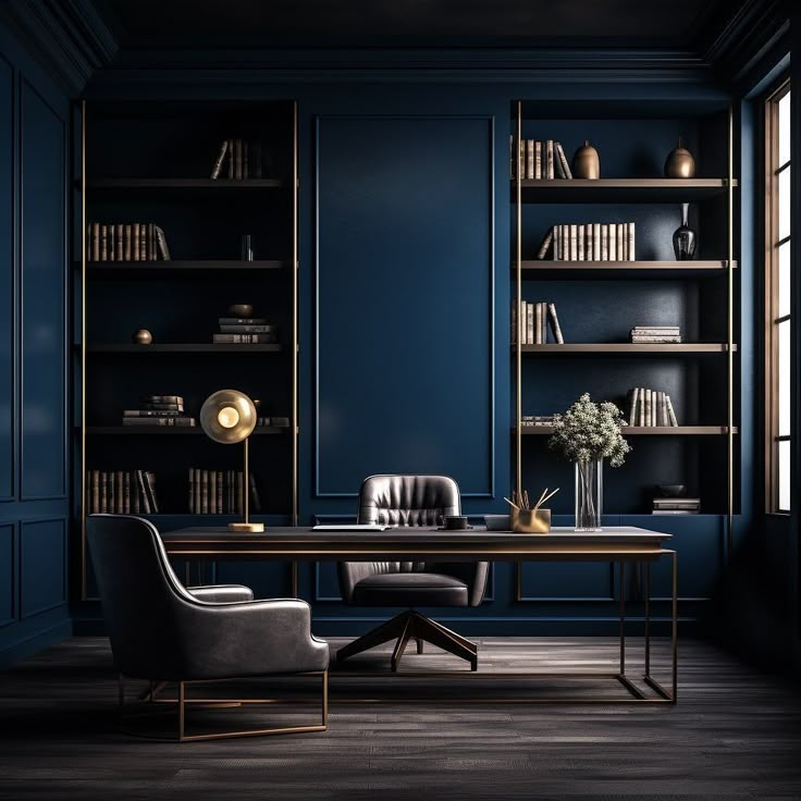 A navy blue office with black accents and wooden floor 