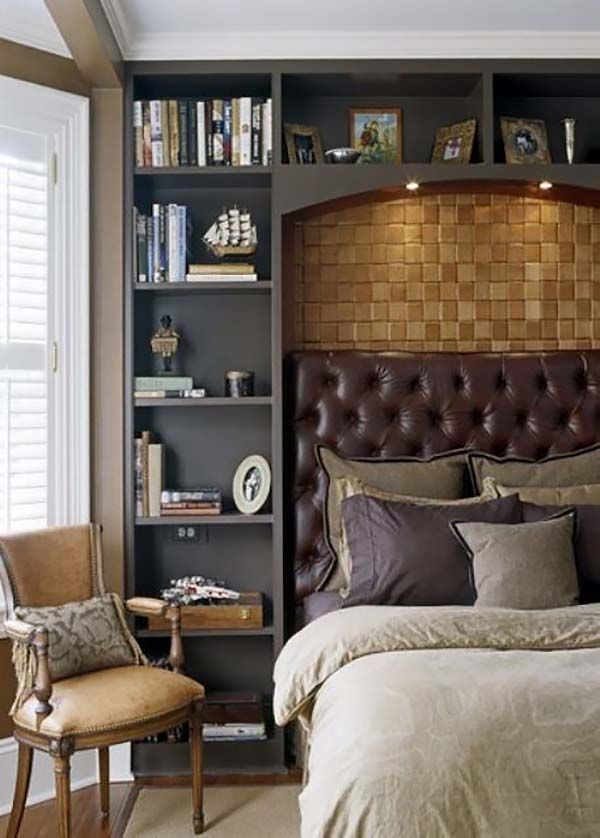 A bedroom with open shelves and chair in the room 