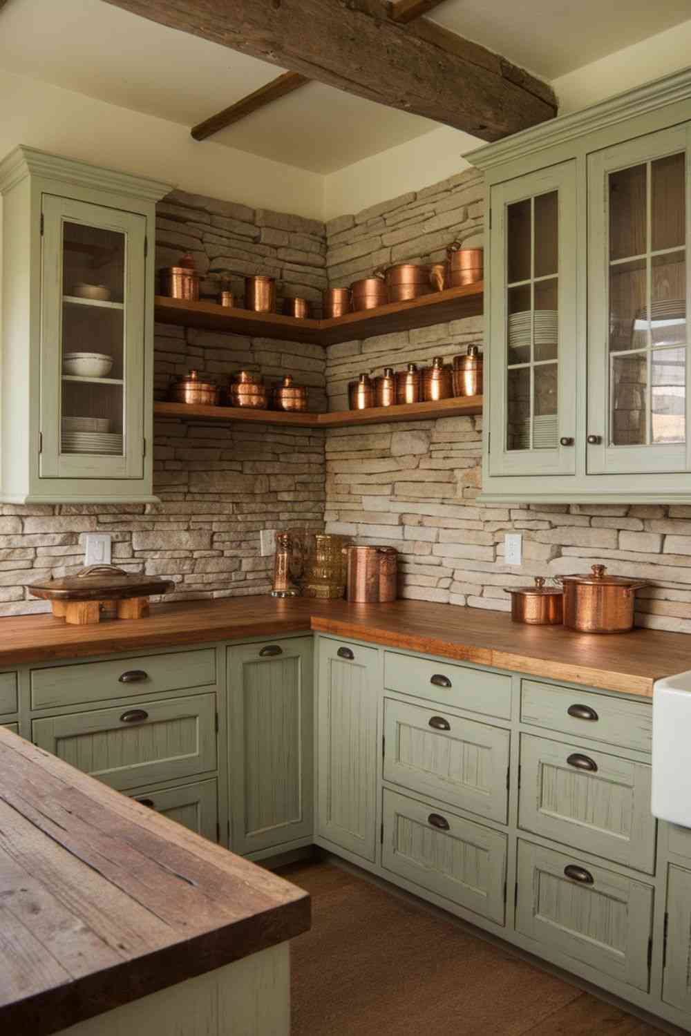A sage green with kitchen with copper container with wooden countertop