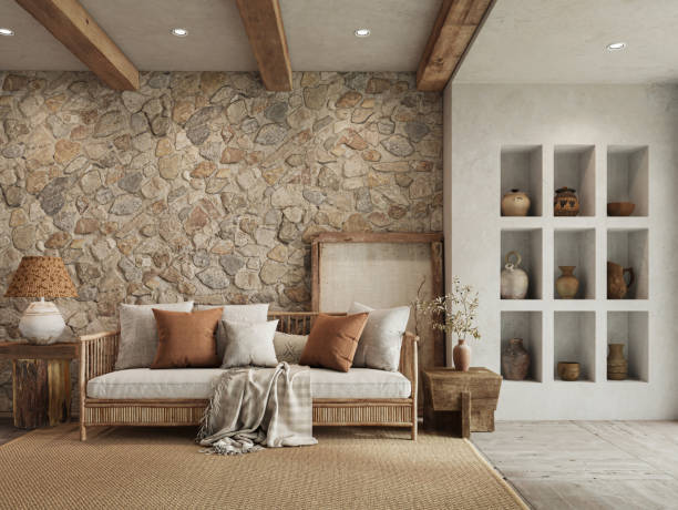 A original wall stone wall in mid century living room with wooden floor