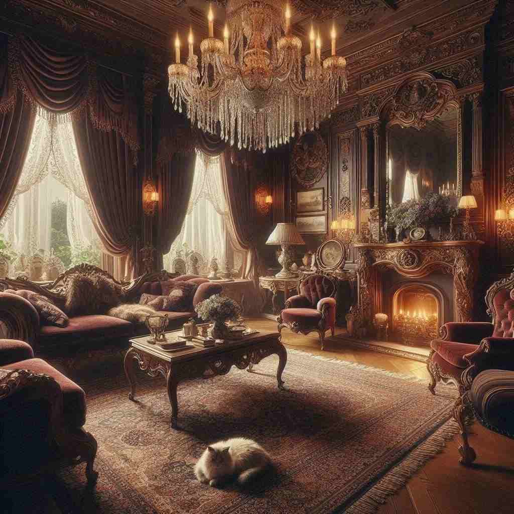 A steampunk house with ornate furniture with dark wood