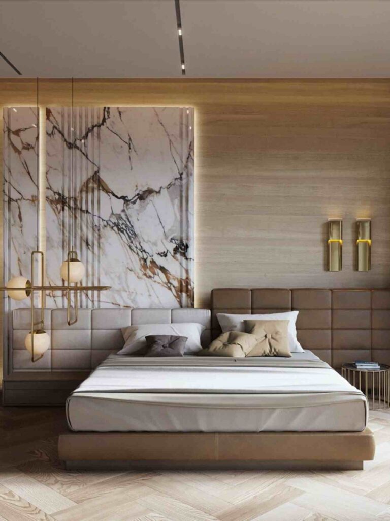 A bedroom with featured wallpaper