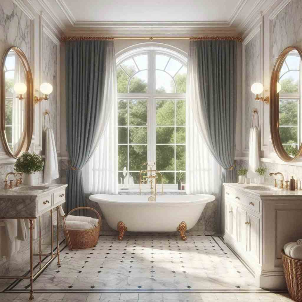 A bathroom with windows and floor and bathtub and mirror on the wall 