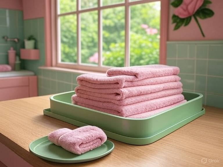 A green and pink bathroom with green tray on pink towel
