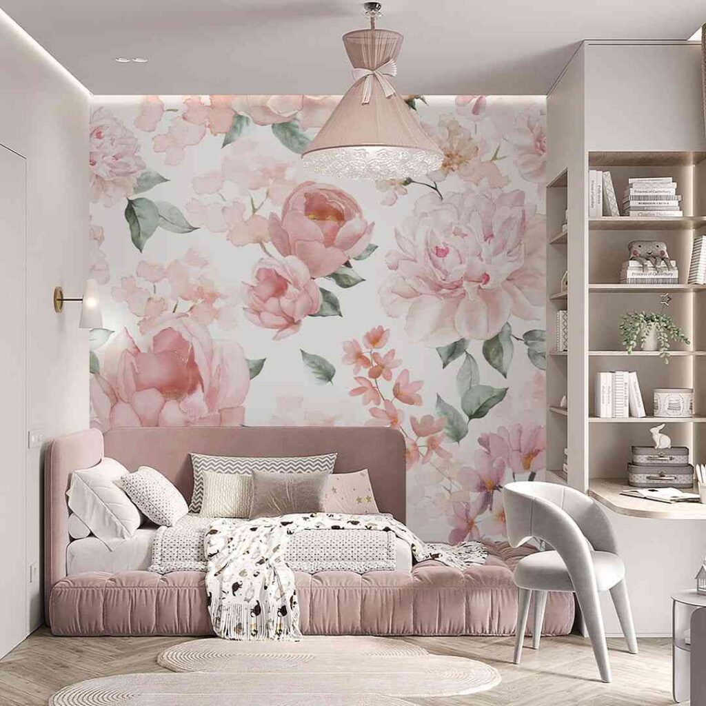 A pink bedroom with wallpaper and book shelves