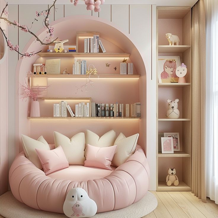 A pink bedroom with wooden book shelves