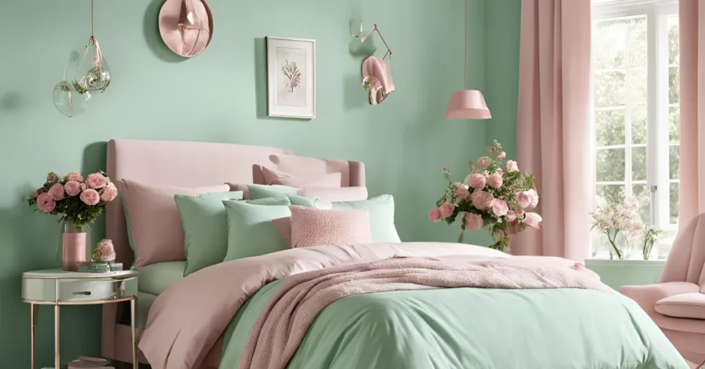 A bedroom with pink and green bedroom