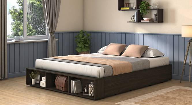 A bedroom with platform bed with storage and wooden floor and windows with curtains