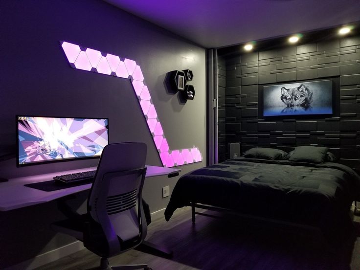 A playing setup in bedroom and celling lights and painting on the wall