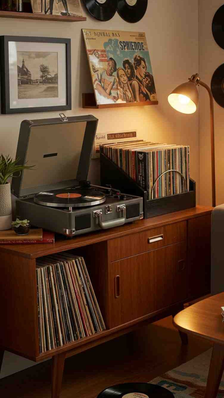 A living rom with and retro and dvd and a lamp