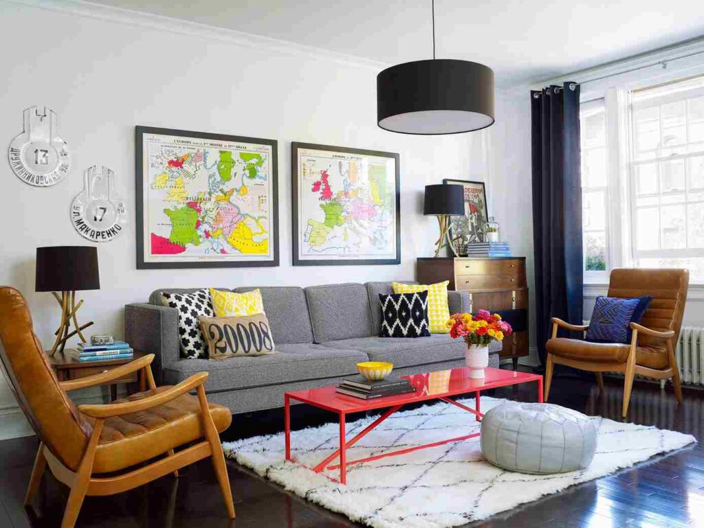 A mid century living room with retro table and sofa and white rug on the floor