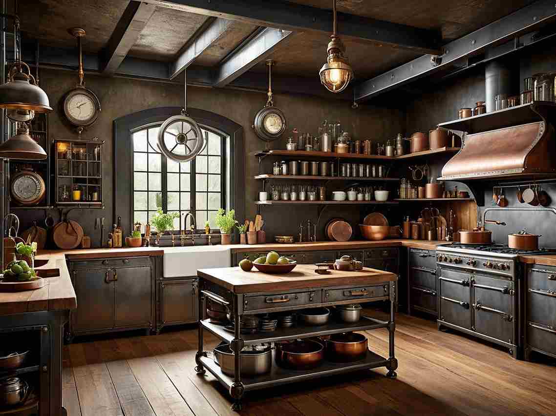 A steampunk kitchen with windows and brass fixtures