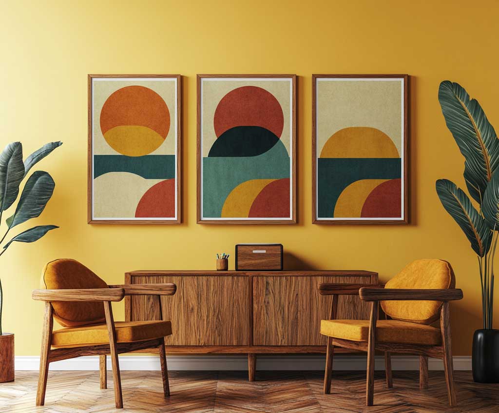A living room with yellow wall and art work in the wall