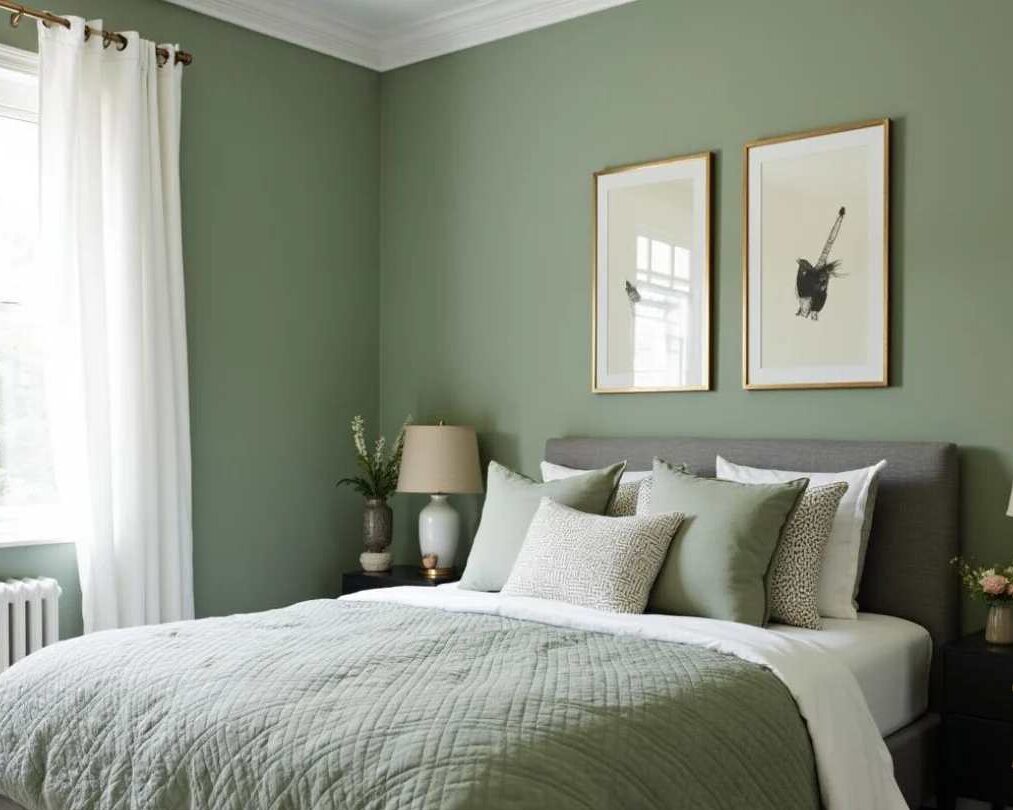 A sage green bedroom with bed and sage and white cushion and painting on the wall 
