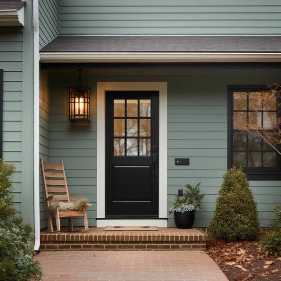 A black front door on sage green house with windows and lamp on it 
