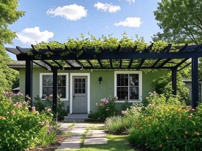 A sage green house with black pergola and windows 