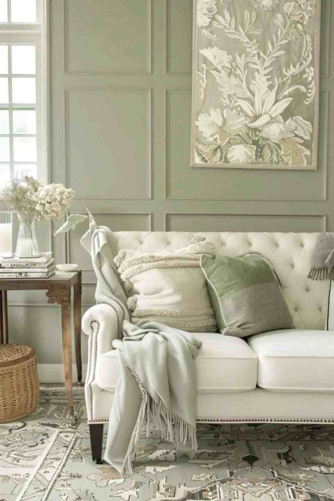 A sage green pillow and living room and throw