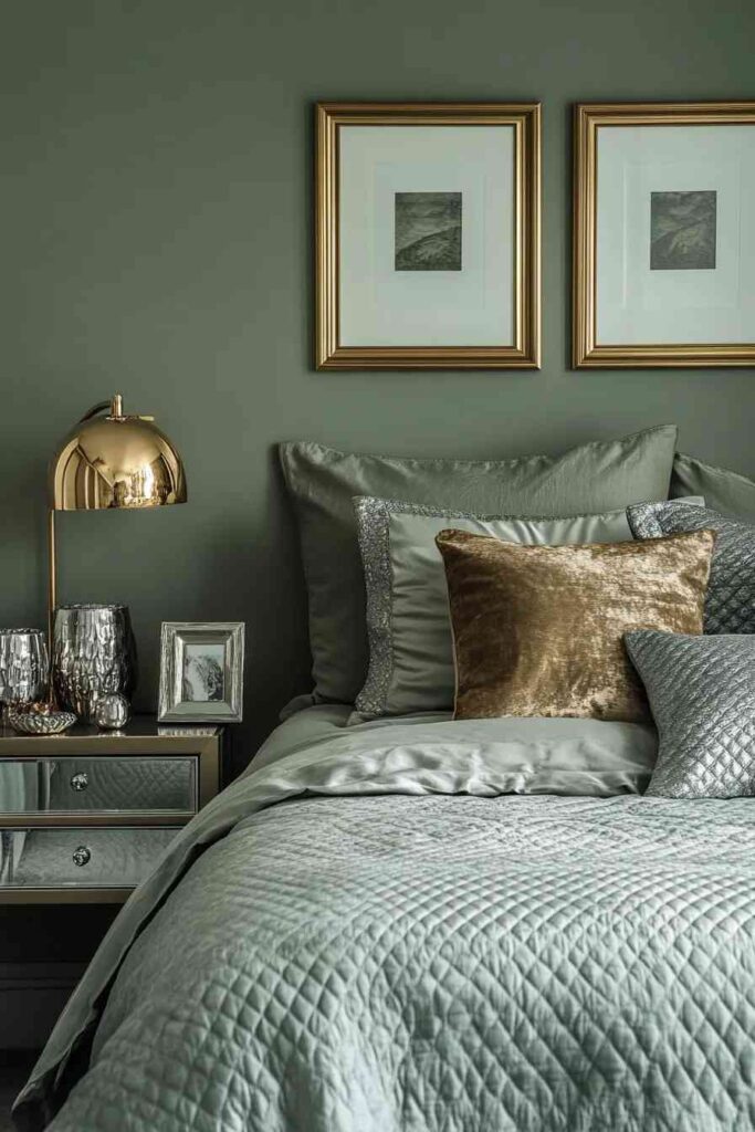A sage green bedroom with brass nightstand and gold framed painting on wall 