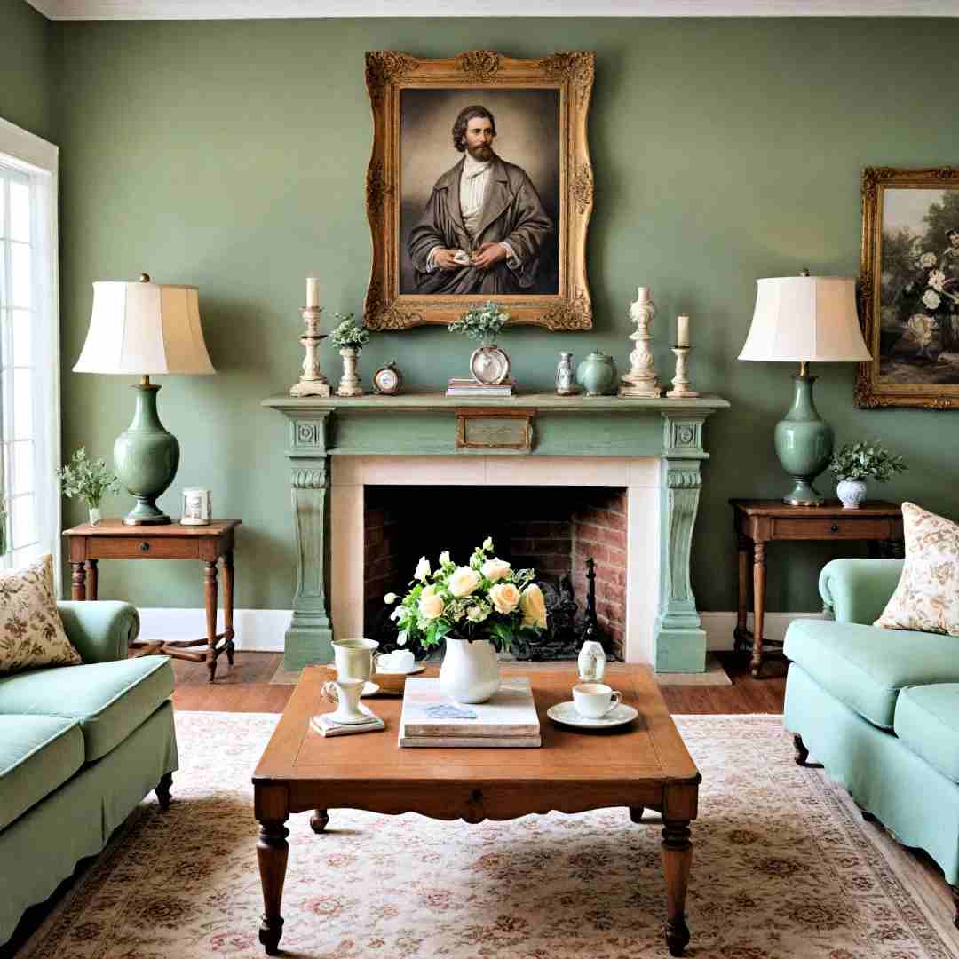 Sage green with wooden table and candle and lamp