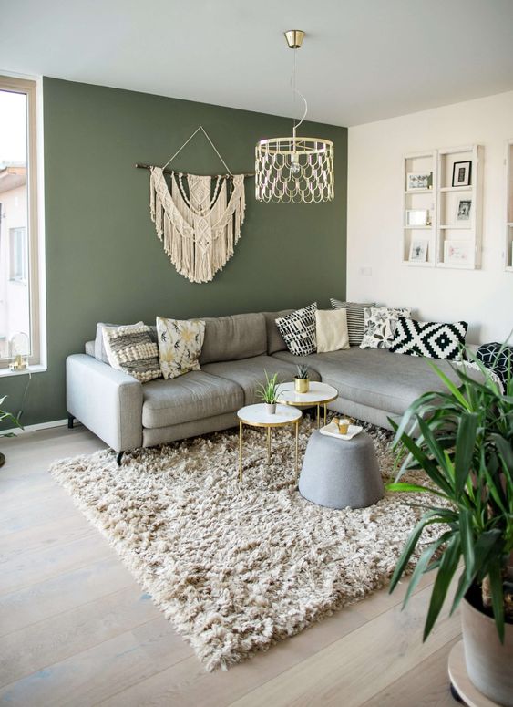 A sage green living room with grey sofa and table and rug on floor and