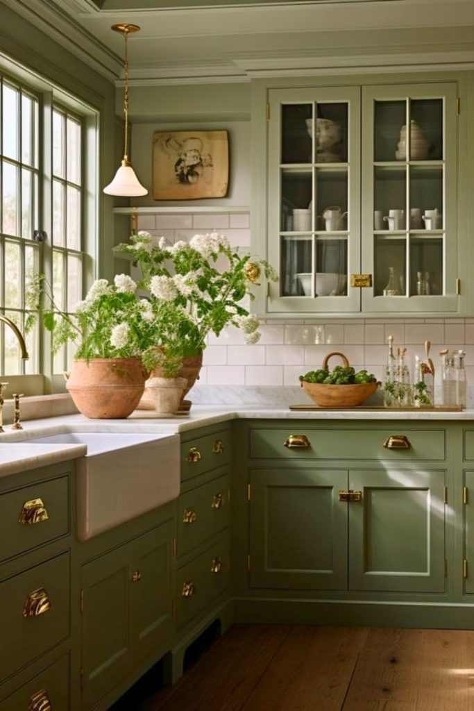 A sage green kitchen with white counter top and woven baskets