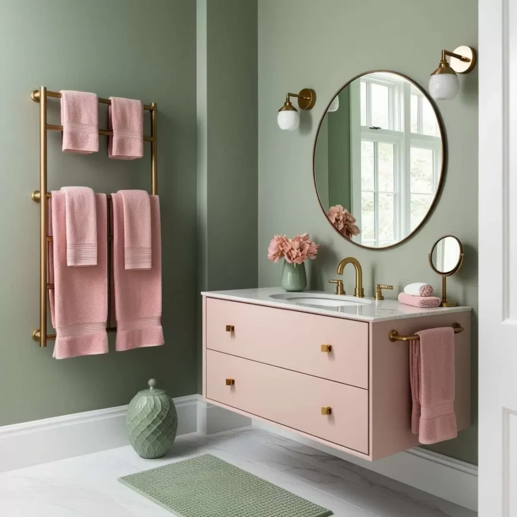 A sage green bathroom with pink vanity and tower hang