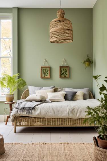 A sage green bedroom with wooden floor and frames on the wall