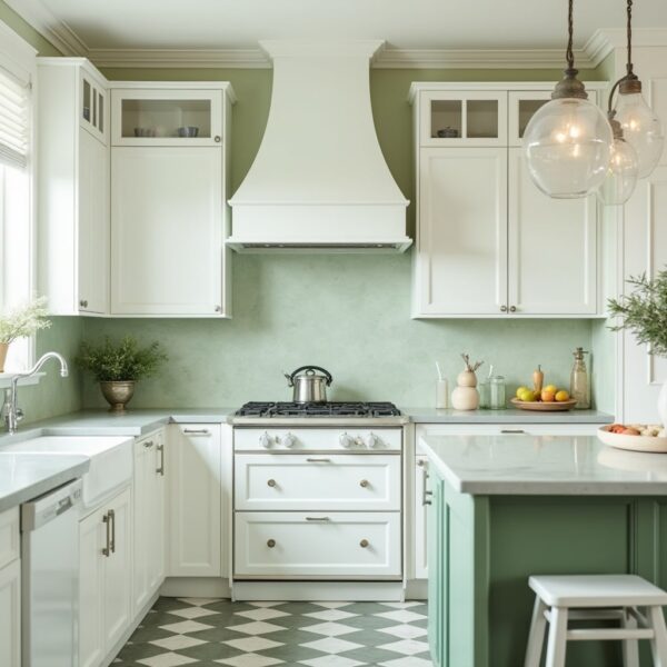 A sage green wall and kitchen and white cabinets and texture tiles