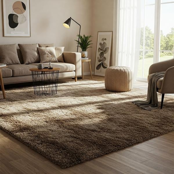 A mid century living room with wooden floor and shaggy rug on it