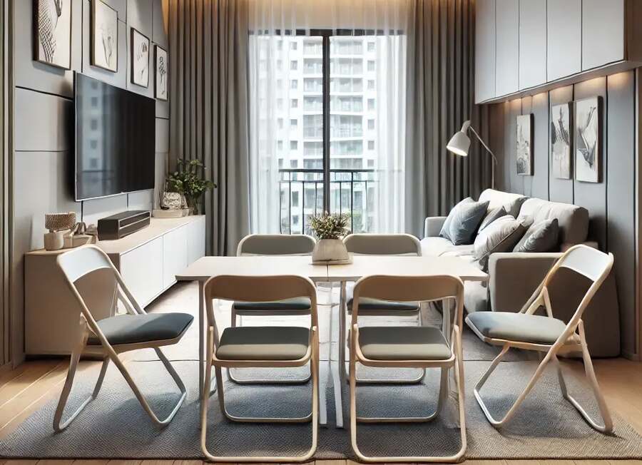 A small living room with foldable chair and table and tv on the wall