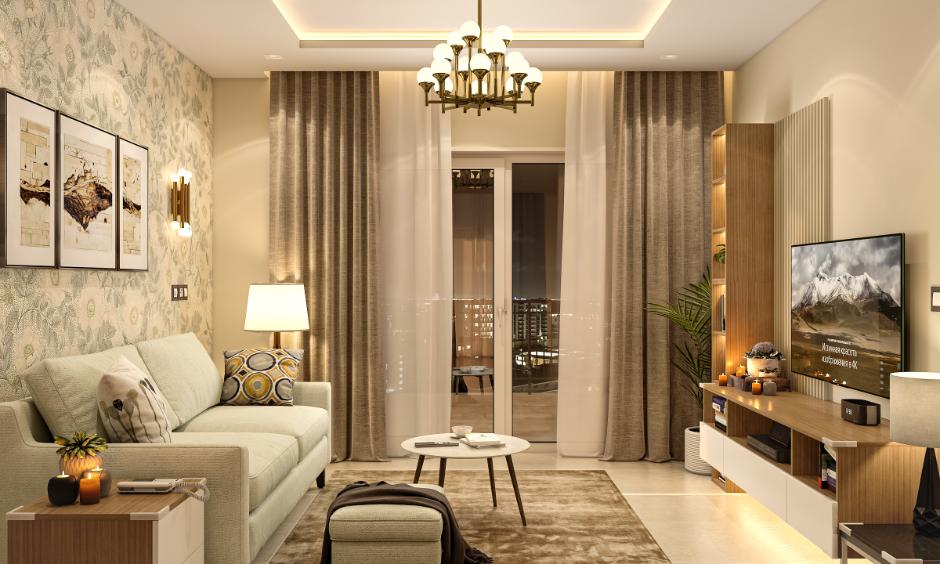 A small living room with lighting with tv and storage
