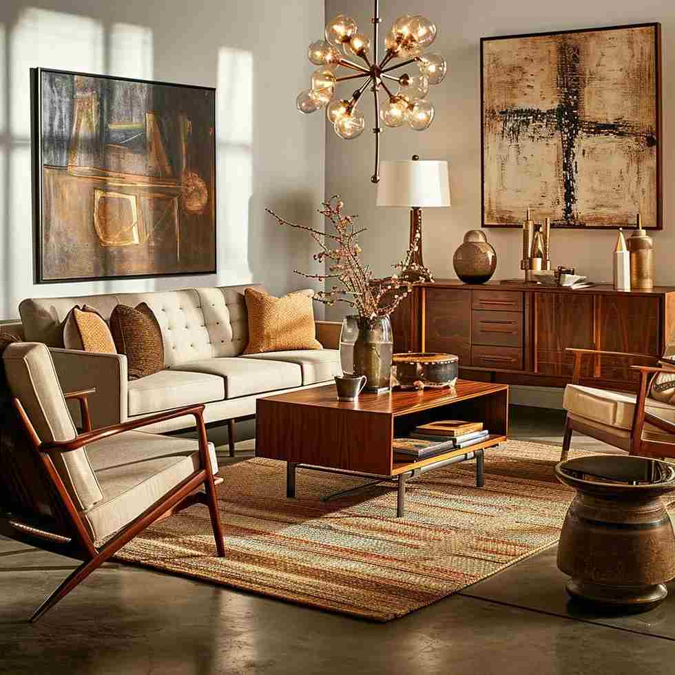 A living room with sofa and wooden accent and rug on the floor