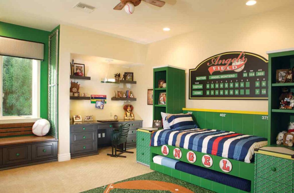 A sports theme in room and wooden floor and windows and study table