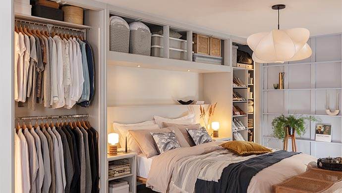 A bedroom with shelves and storage with wooden floor